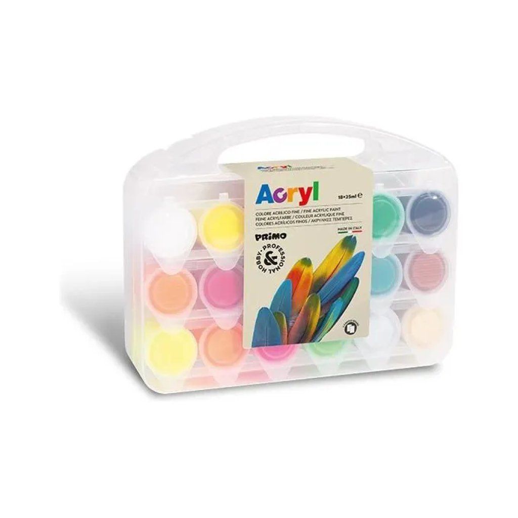 PRIMO Set colori acrilici, 18 vasetti da 25 ml con 2 cartoncini telati