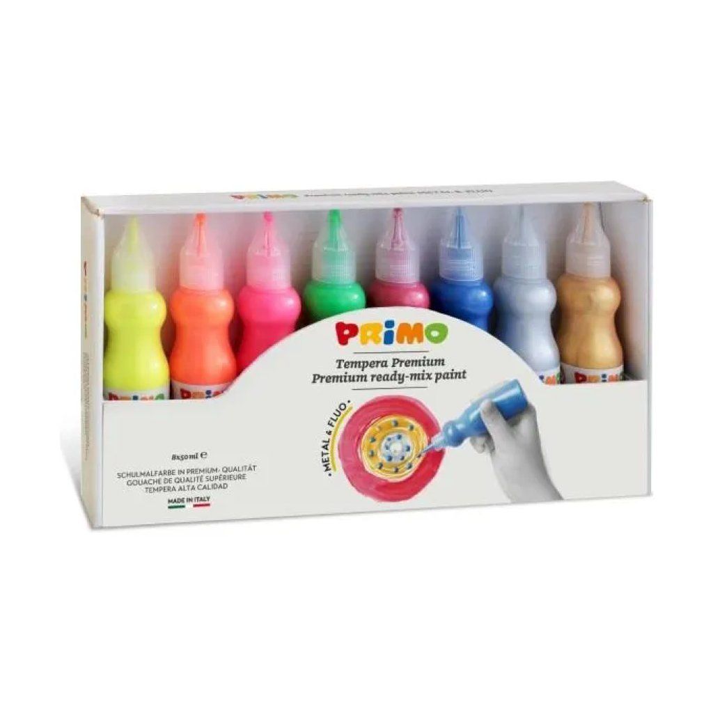 PRIMO Set di 8 tempere fluorescenti e metalliche da 50 ml