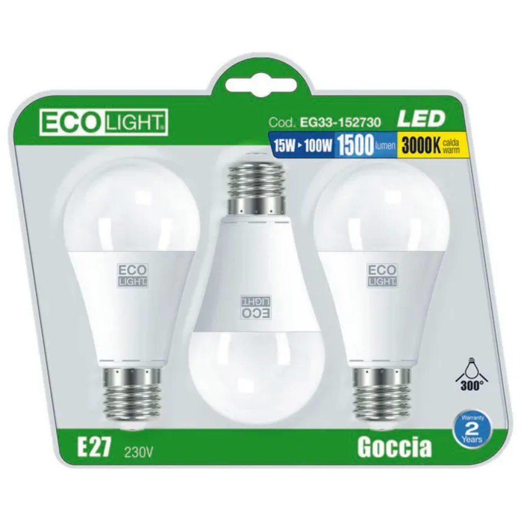 GENERICO Ecolight EG33-152730 Lampadine LED E27 Goccia 15 W, 3000 K, 1521 lm, Set da 3