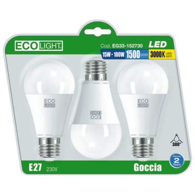 GENERICO Ecolight EG33-152730 Lampadine LED E27 Goccia 15 W, 3000 K, 1521 lm, Set da 3