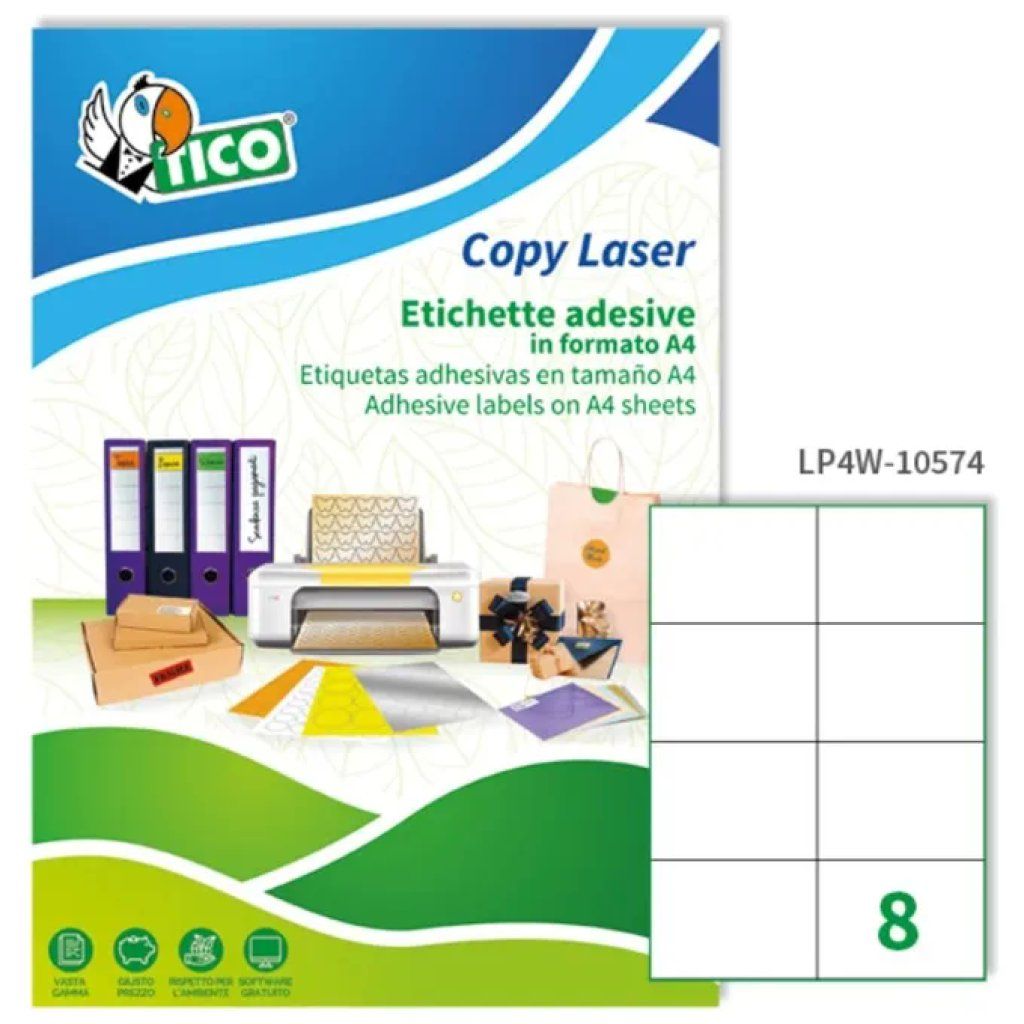 TICO Copy Laser – Etichette adesive bianche A4, 105 × 74 mm, 100 fogli