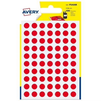 Avery PSA08R – Etichette adesive rotonde rosse 8 mm, 490 pezzi Avery PSA08R – Etichette adesive rotonde rosse 8 mm, 490 pezzi
