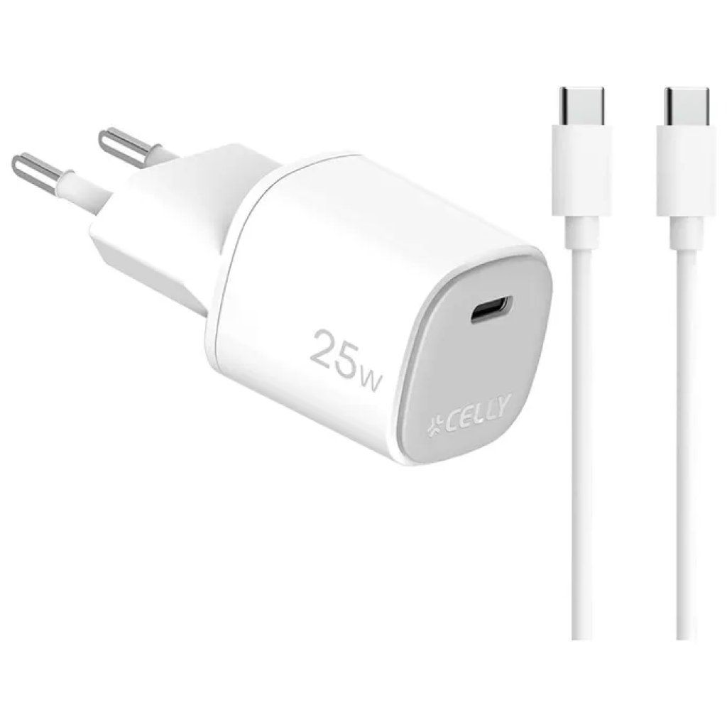 Celly Caricabatterie GaN USB-C 25W con Cavo – Bianco