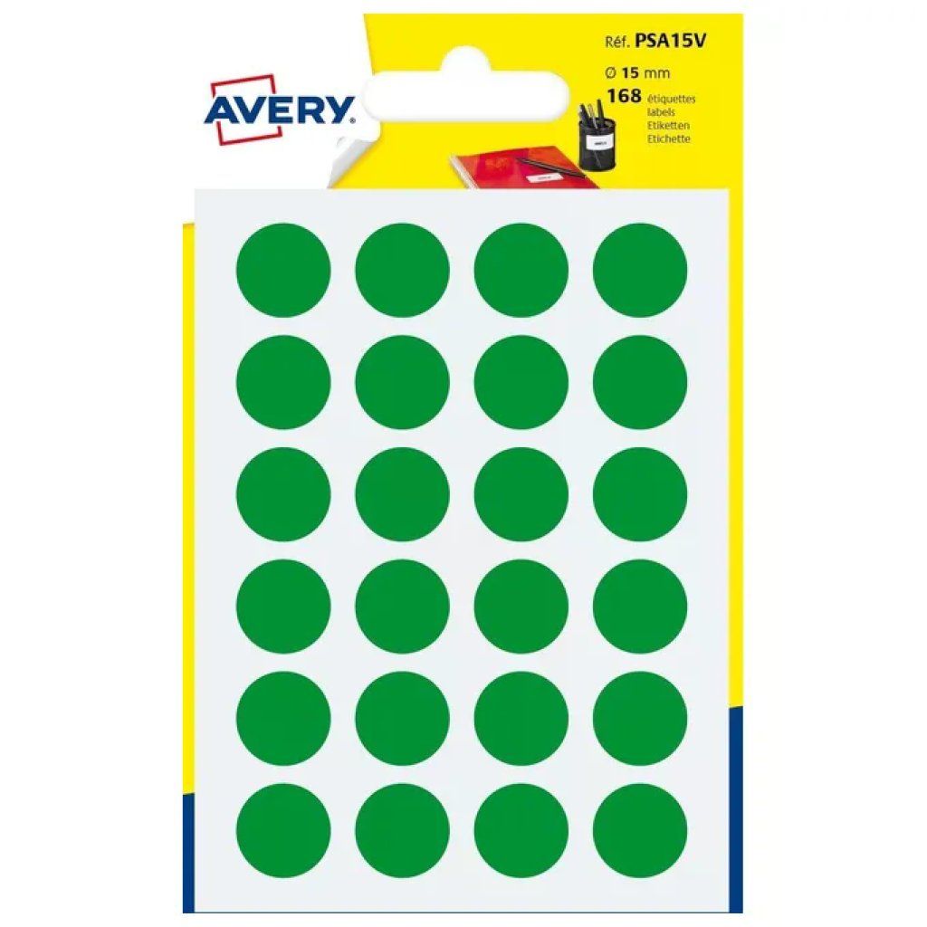 Avery PSA15V Etichette Adesive Rotonde Verdi 15 mm, 168 Pezzi Avery PSA15V Etichette Adesive Rotonde Verdi 15 mm, 168 Pezzi