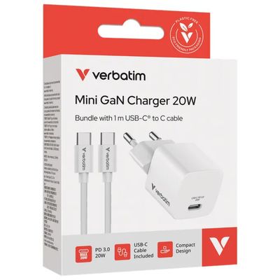 Verbatim Mini caricatore GaN USB-C 20 W con cavo da 1 m Verbatim Mini caricatore GaN USB-C 20 W con cavo da 1 m
