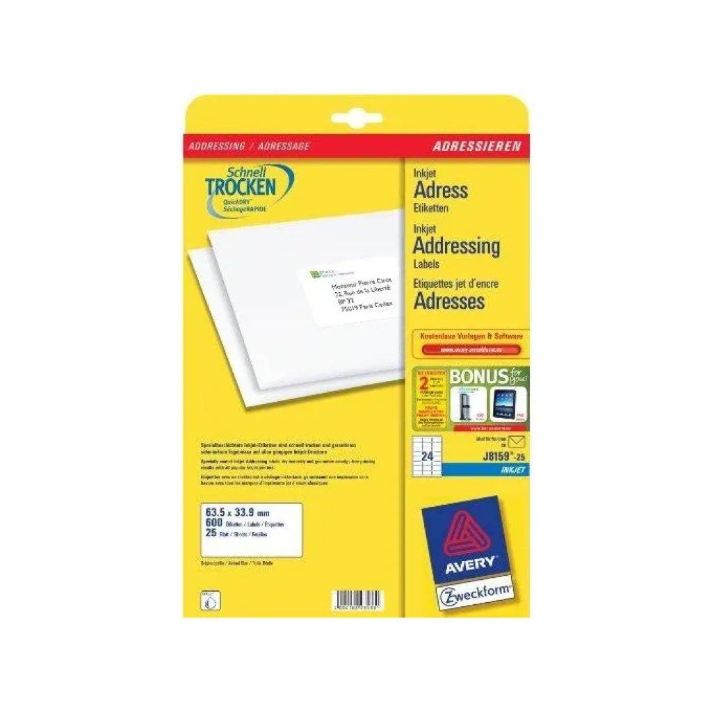 Avery J8159-25 Etichette Indirizzi Inkjet 63,5 x 33,9 mm