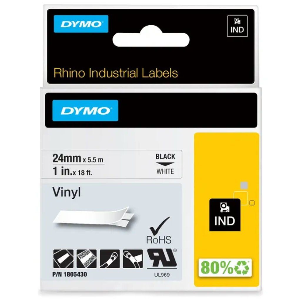 DYMO Rhino Nastro in Vinile 24 mm x 5,5 m Nero su Bianco
