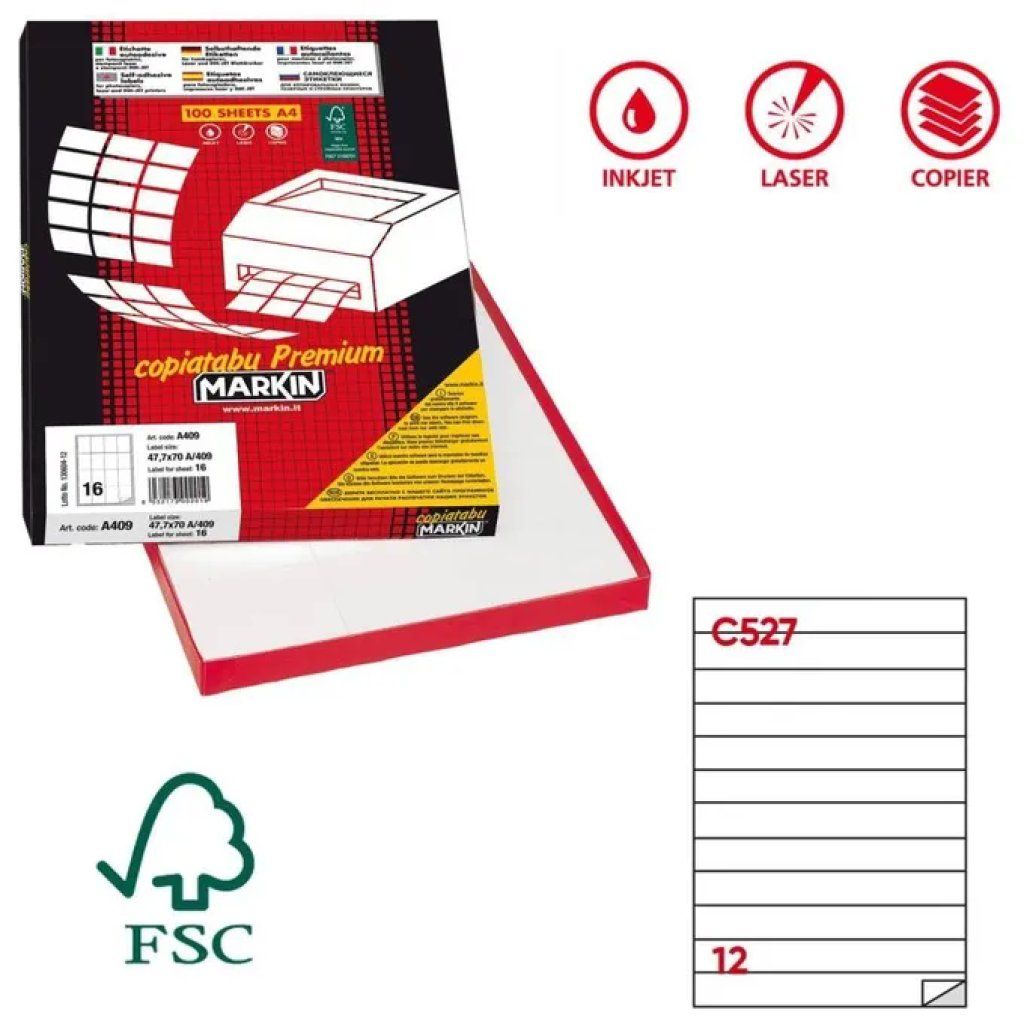 Markin Copiatabu C527 Etichette Adesive A4, 21 × 2,5 cm, 1200 Etichette