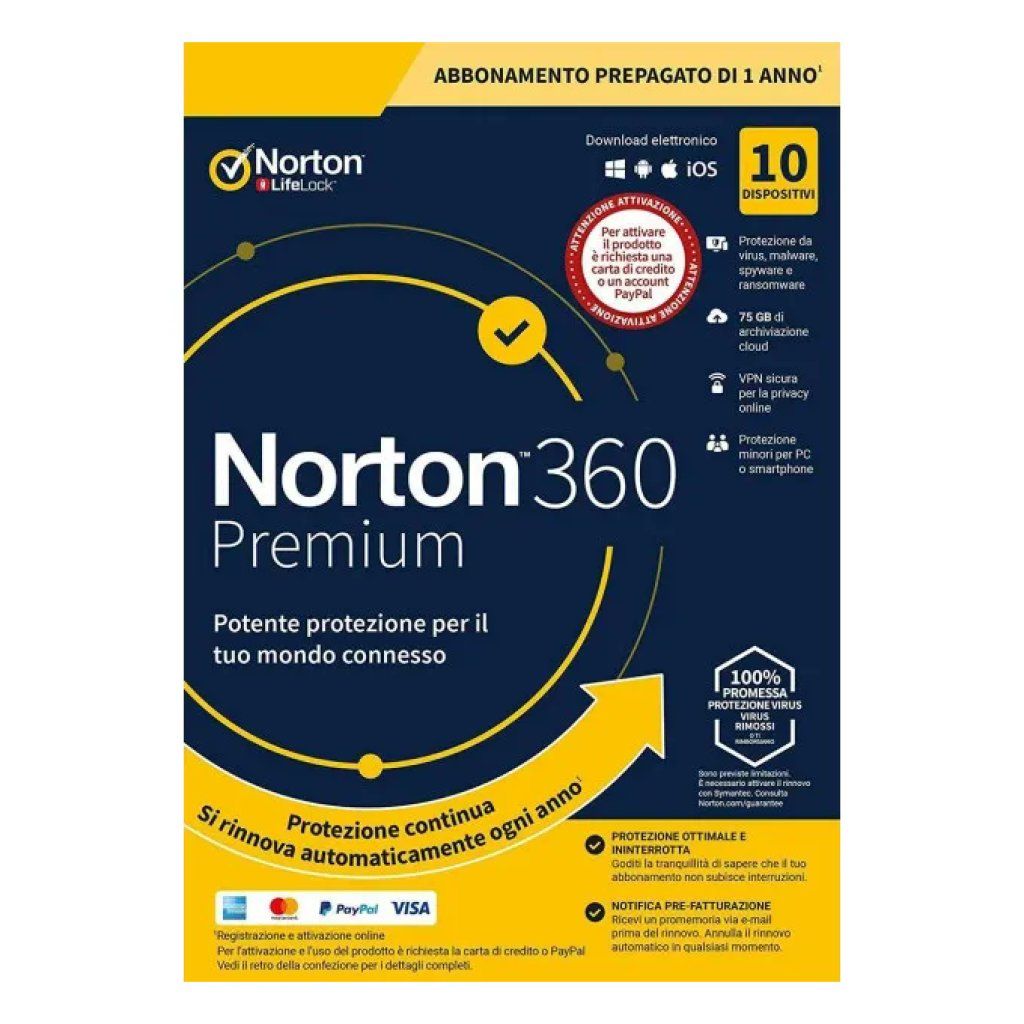 SYMANTEC Norton 360 Premium 2026 – Antivirus per 10 dispositivi, licenza 12 mesi SYMANTEC Norton 360 Premium 2026 – Antivirus per 10 dispositivi, licenza 12 mesi