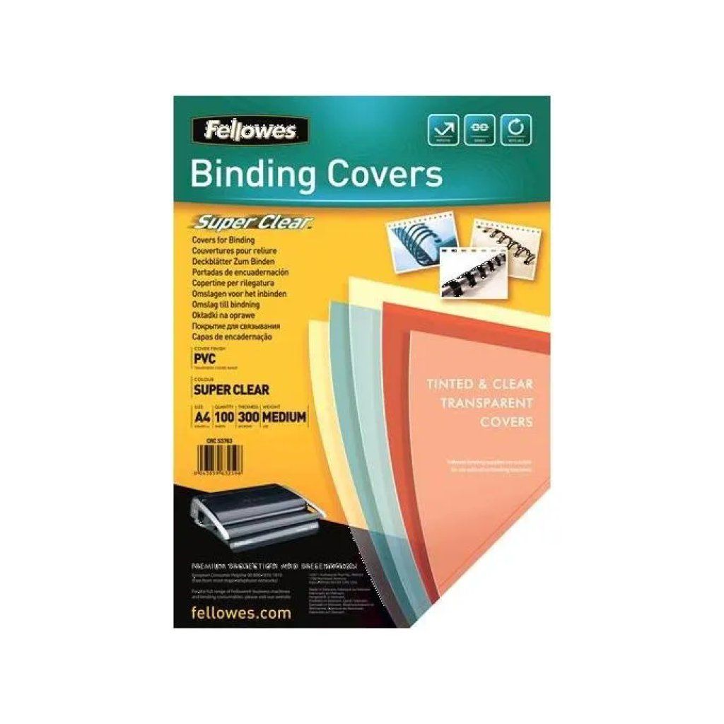 Fellowes 53763 Copertine per Rilegatura A4 Trasparenti in PVC, 300 Micron, 100 Pezzi