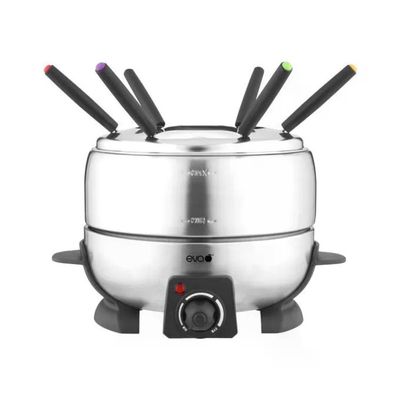 EVA Fonduta Elettrica in Acciaio Inox 800 W, 2,3 L con Termostato Regolabile e 6 Forchettine