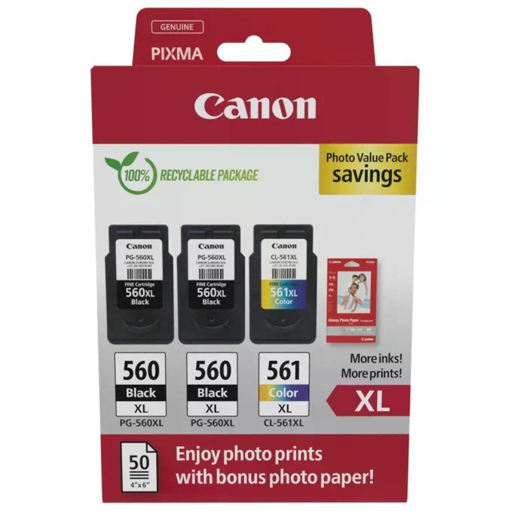 Canon PIXMA PG-560XL e CL-561XL Multipack 3 Cartucce Originali con Carta Fotografica