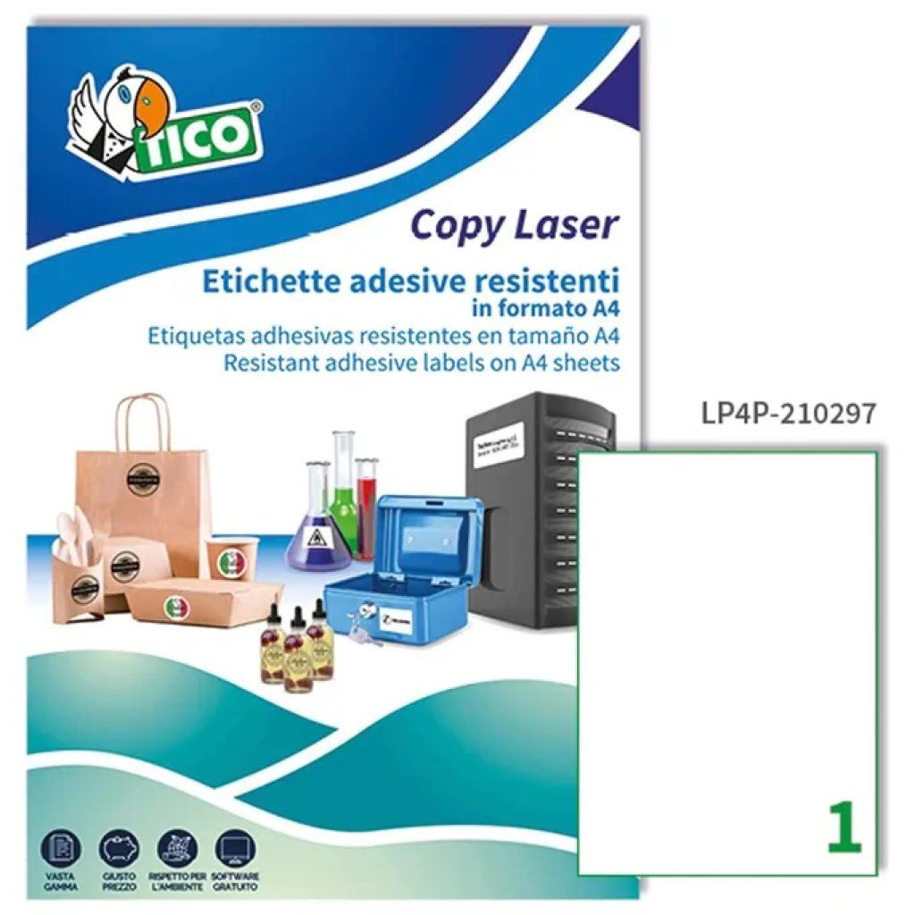 Tico Italia LP4P-210297 – Etichette adesive A4 in poliestere bianco opaco, 70 fogli