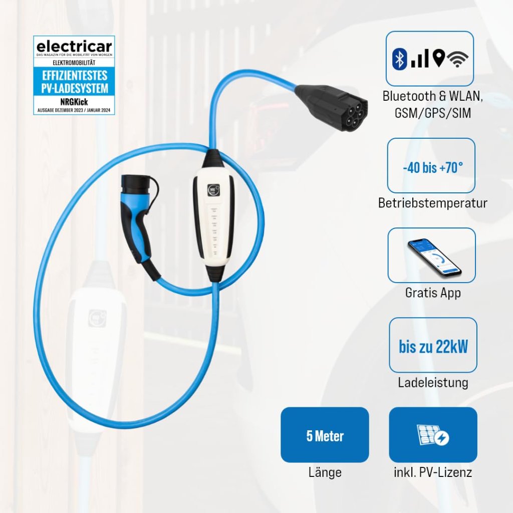 NRGkick Pure 32A Caricabatterie EV con Ricarica Fotovoltaica, WLAN e GSM/GPS/SIM – Cavo 5 m