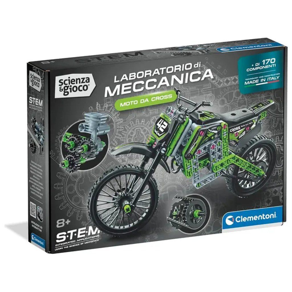Clementoni Scienza e Gioco – Laboratorio di Meccanica Moto da Cross, 170 pezzi, 8+ anni