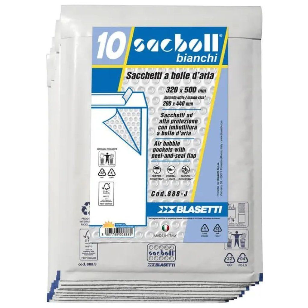 Blasetti 888-J Sacboll – 10 buste imbottite postali 32 × 50 cm, bianche