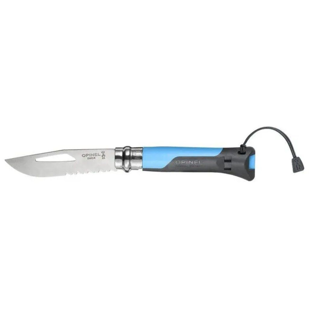 Opinel N°08 Outdoor – Coltello con lama inox seghettata, fischietto e manico azzurro