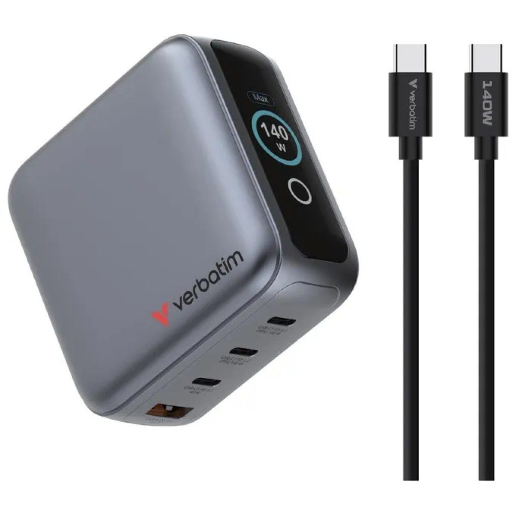 Verbatim 30240 Caricabatterie GaN 140 W con Display, 4 Porte USB, Nero