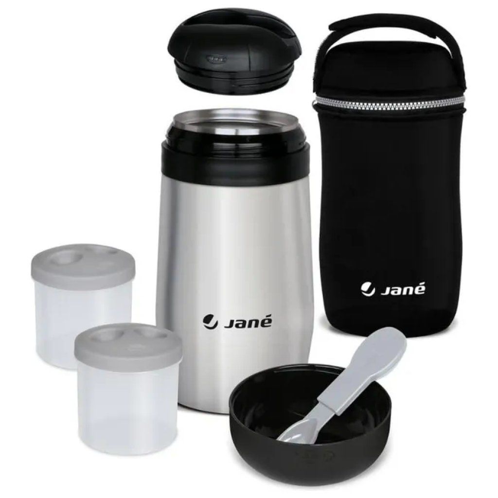 JANÈ Jané Thermos per Pappa in Acciaio Inox 1 L con Contenitori, Cucchiaio e Borsa Termica
