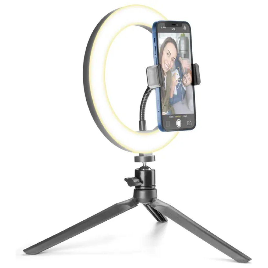 Cellularline Selfie Ring LED con Treppiede per Smartphone, 3 Modalità, Nero