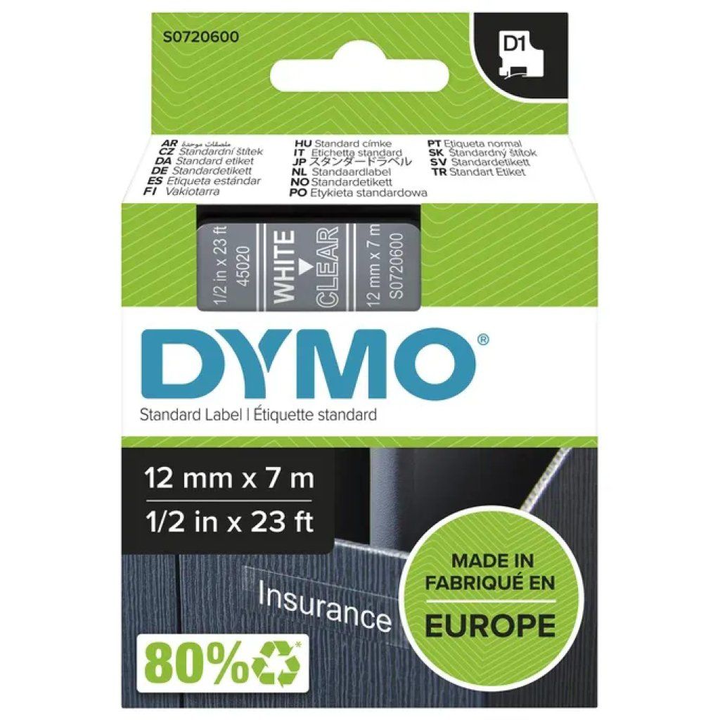 DYMO D1 Nastro per Etichettatrice 12 mm x 7 m, Bianco su Trasparente