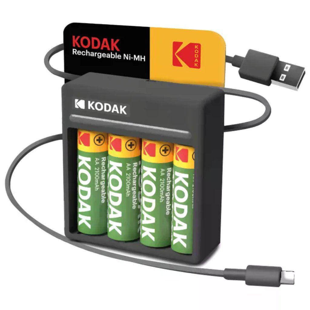 Kodak Caricabatterie USB-C a 4 Slot con 4 Batterie AA Ni-MH 2100 mAh Kodak Caricabatterie USB-C a 4 Slot con 4 Batterie AA Ni-MH 2100 mAh