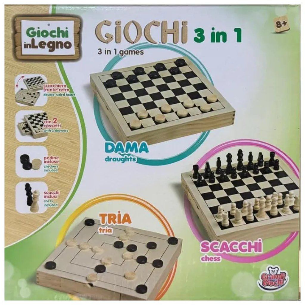 GRANDI GIOCHI Gioco 3 in 1 in Legno: Dama, Scacchi e Tria GRANDI GIOCHI Gioco 3 in 1 in Legno: Dama, Scacchi e Tria