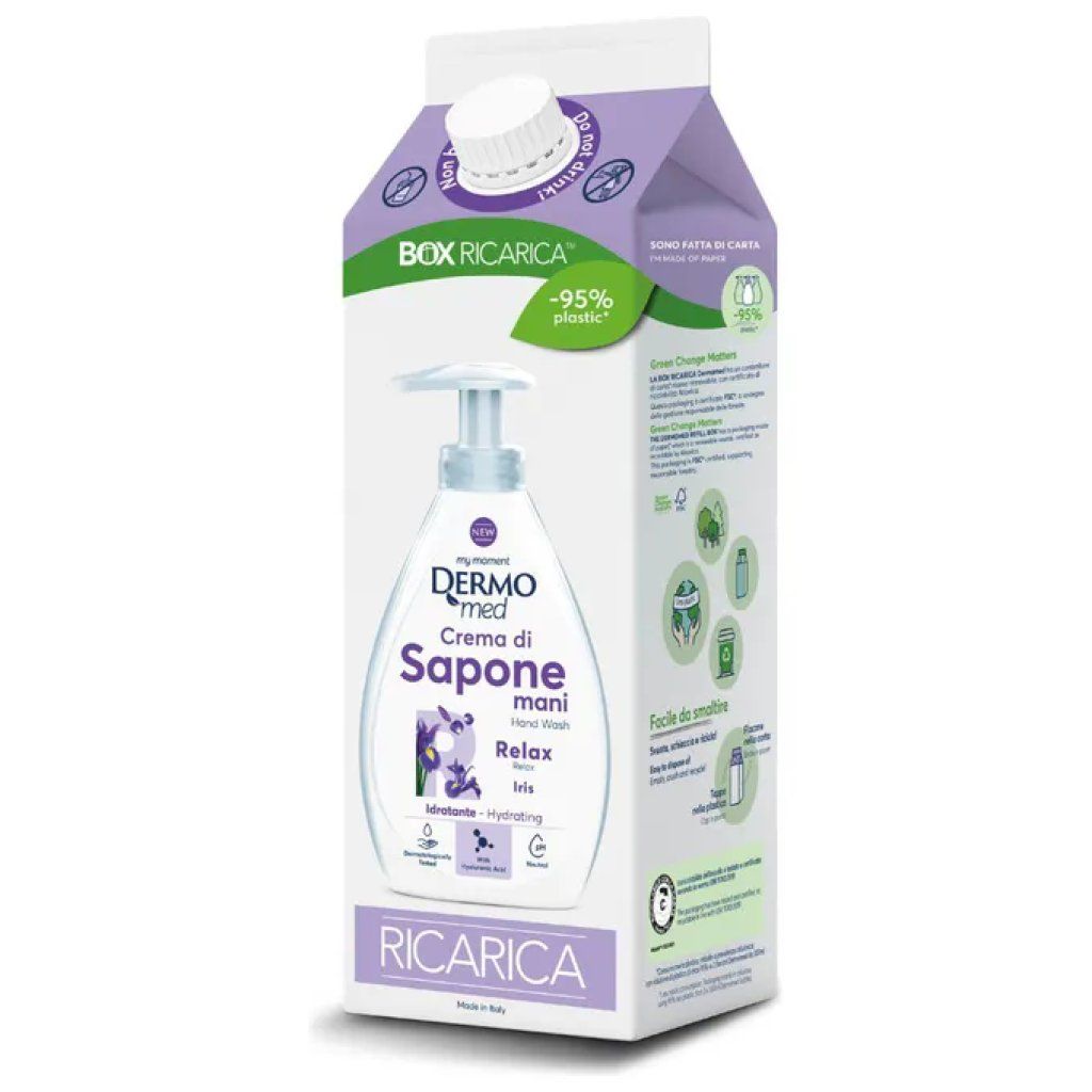 Dermomed Crema di Sapone Mani Iris con Acido Ialuronico e Glicerina, Eco-ricarica 900 ml