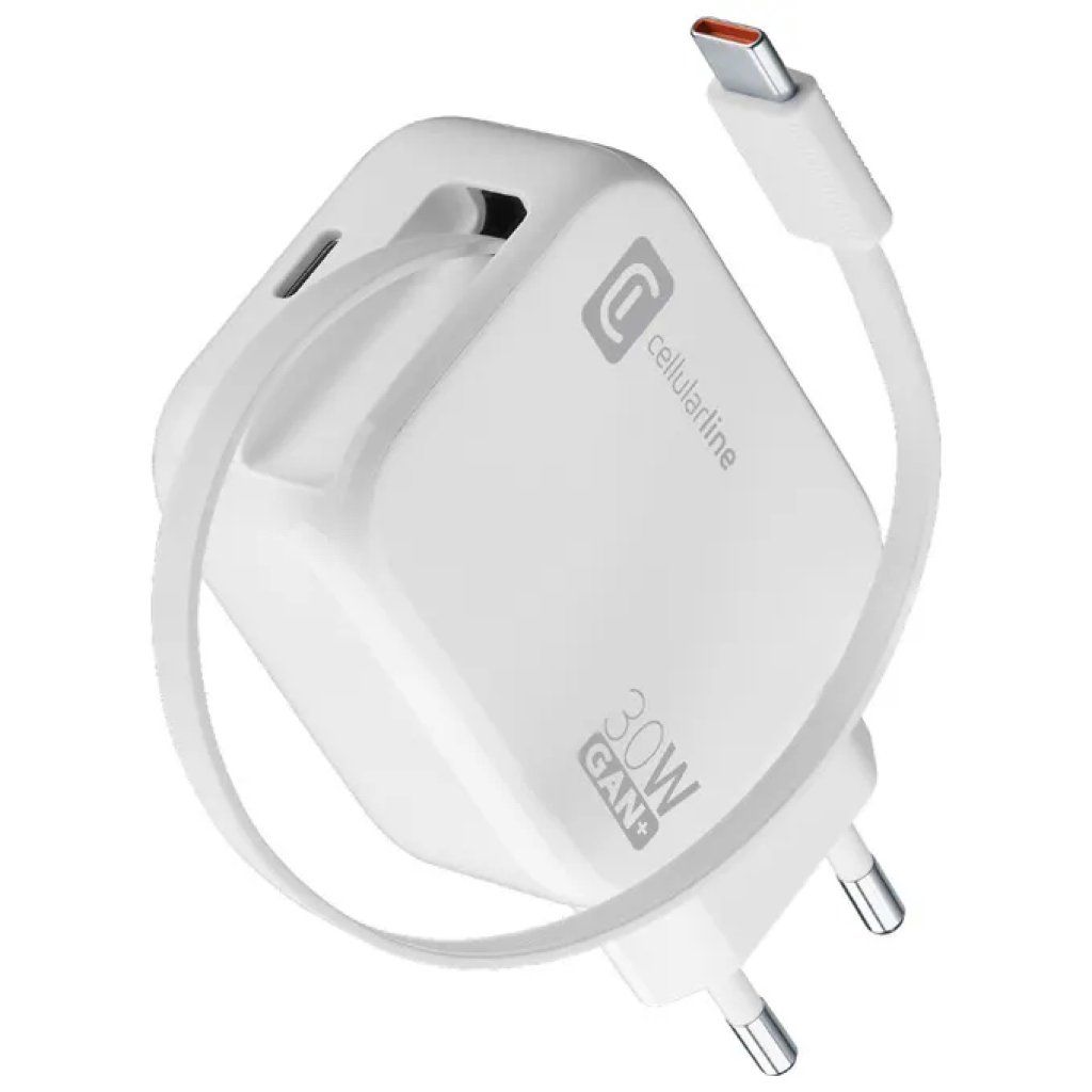 Cellularline Caricabatterie GaN 30 W USB-C con Cavo Retrattile, Bianco Cellularline Caricabatterie GaN 30 W USB-C con Cavo Retrattile, Bianco