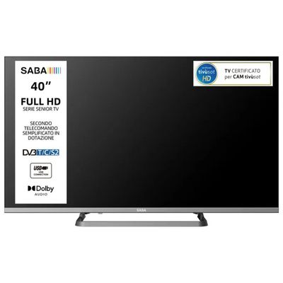 Saba SA40M10 Serie Senior TV LED 40'' Full HD DVB-T2-C-S2 HEVC Main10 TivuSAT Dolby Audio colore Grigio Saba SA40M10 Serie Senior TV LED 40'' Full HD DVB-T2-C-S2 HEVC Main10 TivuSAT Dolby Audio colore Grigio