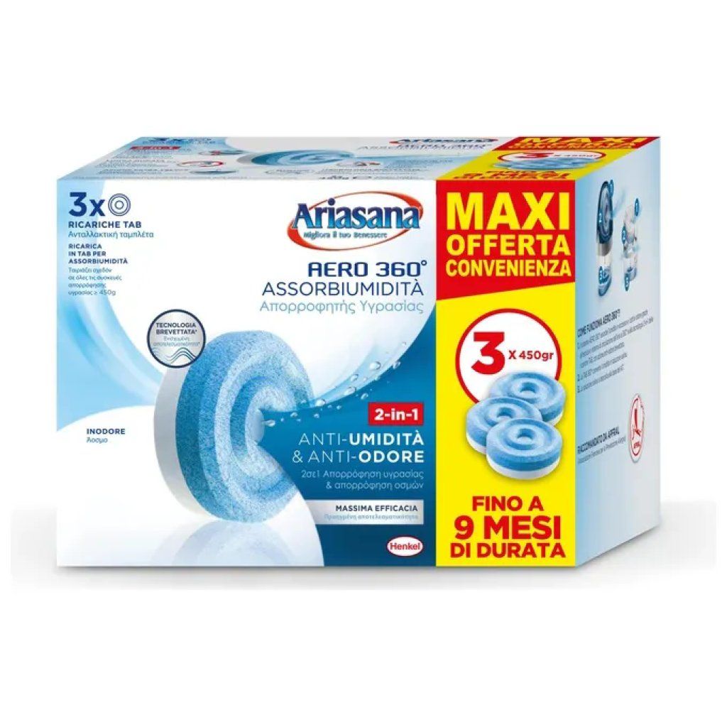 HENKEL Ariasana Aero 360° Ricariche Assorbi Umidità Inodore, 3 x 450 g HENKEL Ariasana Aero 360° Ricariche Assorbi Umidità Inodore, 3 x 450 g