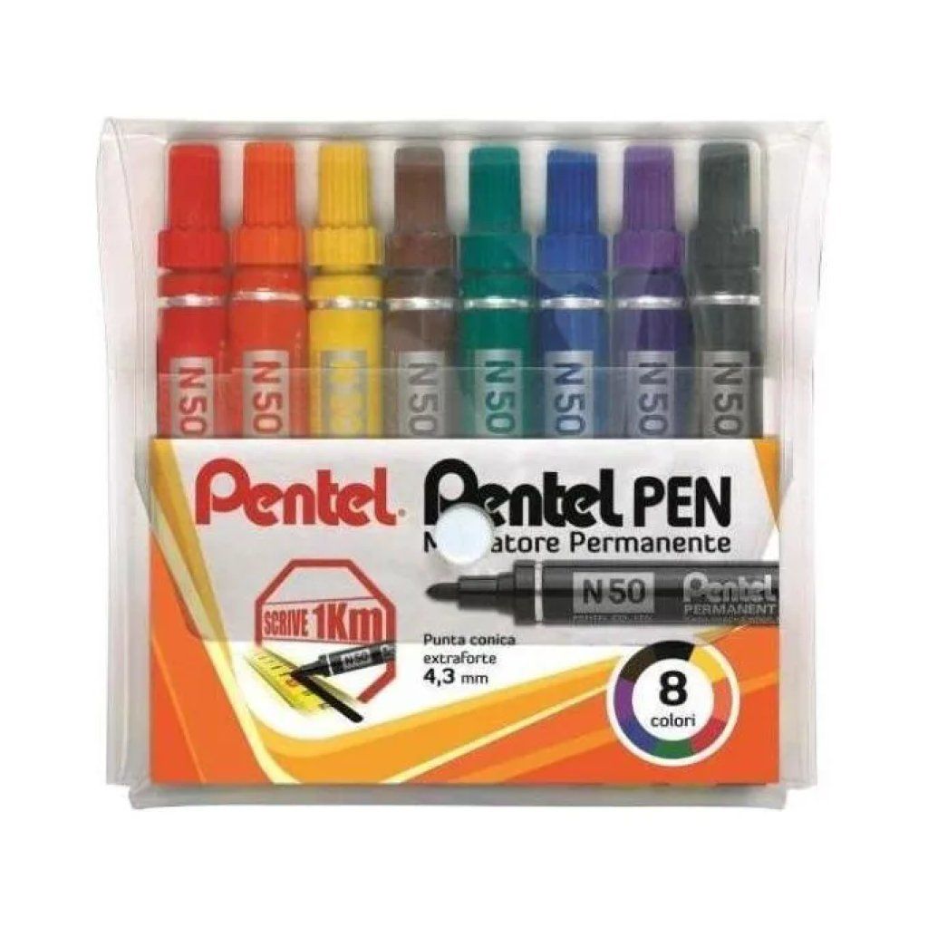 Pentel N50 – Confezione da 8 pennarelli a punta tonda, colori assortiti