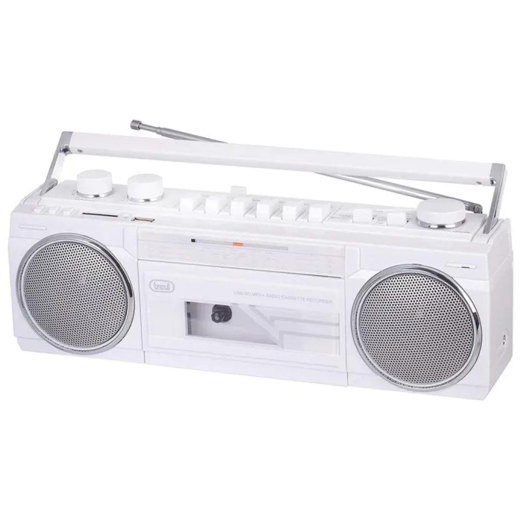 Trevi RR 501 BT Radio Portatile Bluetooth con Lettore e Registratore a Cassette, USB e SD, Bianca