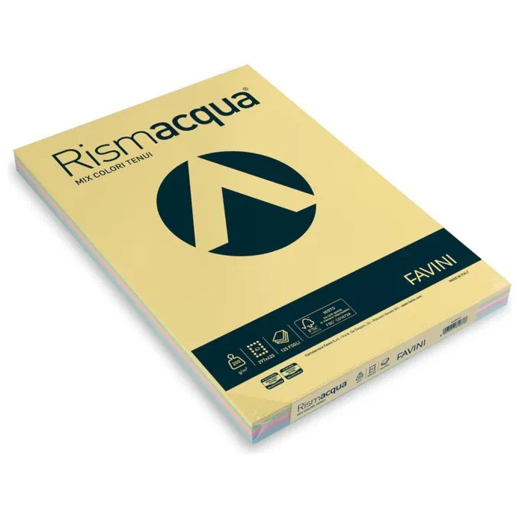 CARTOTECNICA FAVINI Favini Rismacqua Carta Colorata A3, 200 g/m², 125 Fogli, 5 Colori Tenui