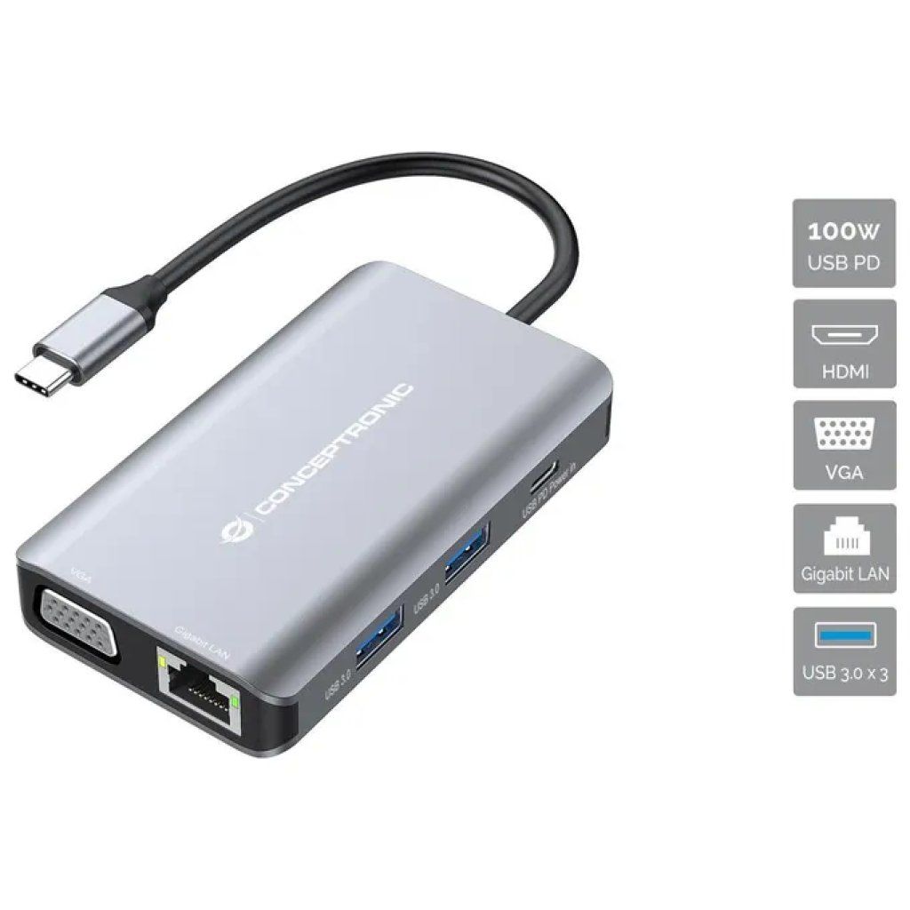 Conceptronic DONN21G Docking Station 7 in 1 USB 3.2 Gen 1 HDMI VGA GbE LAN USB A 3