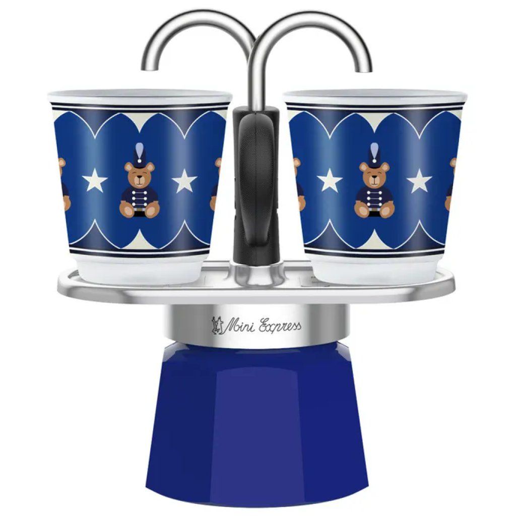 Bialetti Mini Express Joyful Christmas Blu, Moka 2 Tazze con 2 Tazzine