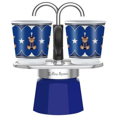 Bialetti Mini Express Joyful Christmas Blu, Moka 2 Tazze con 2 Tazzine Bialetti Mini Express Joyful Christmas Blu, Moka 2 Tazze con 2 Tazzine
