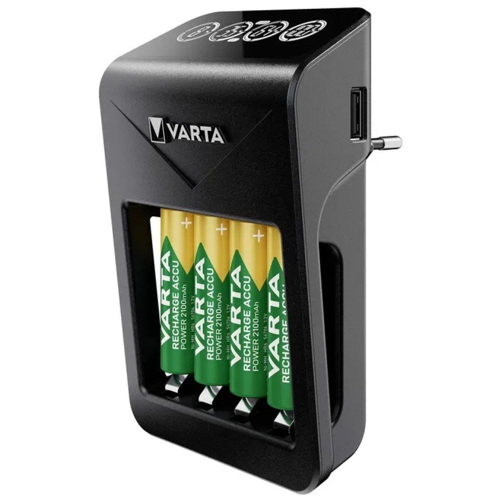 Varta 57687101441 LCD Plug Charger+ Caricabatterie NiMH AA AAA 9V con USB 4 batterie AA 2100 mAh