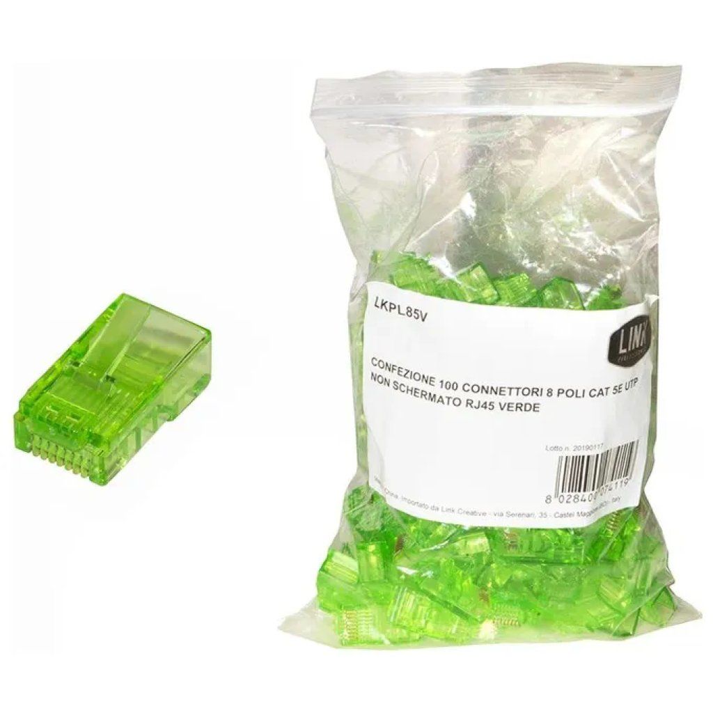 LINK Confezione da 100 connettori RJ45 Cat 5e UTP verdi a 8 poli LINK Confezione da 100 connettori RJ45 Cat 5e UTP verdi a 8 poli