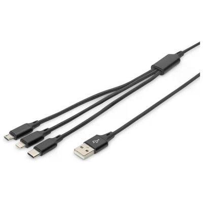 DIGITUS Cavo USB-A 3 in 1 con connettori USB-C, Micro-USB e 8 Pin, 100 cm