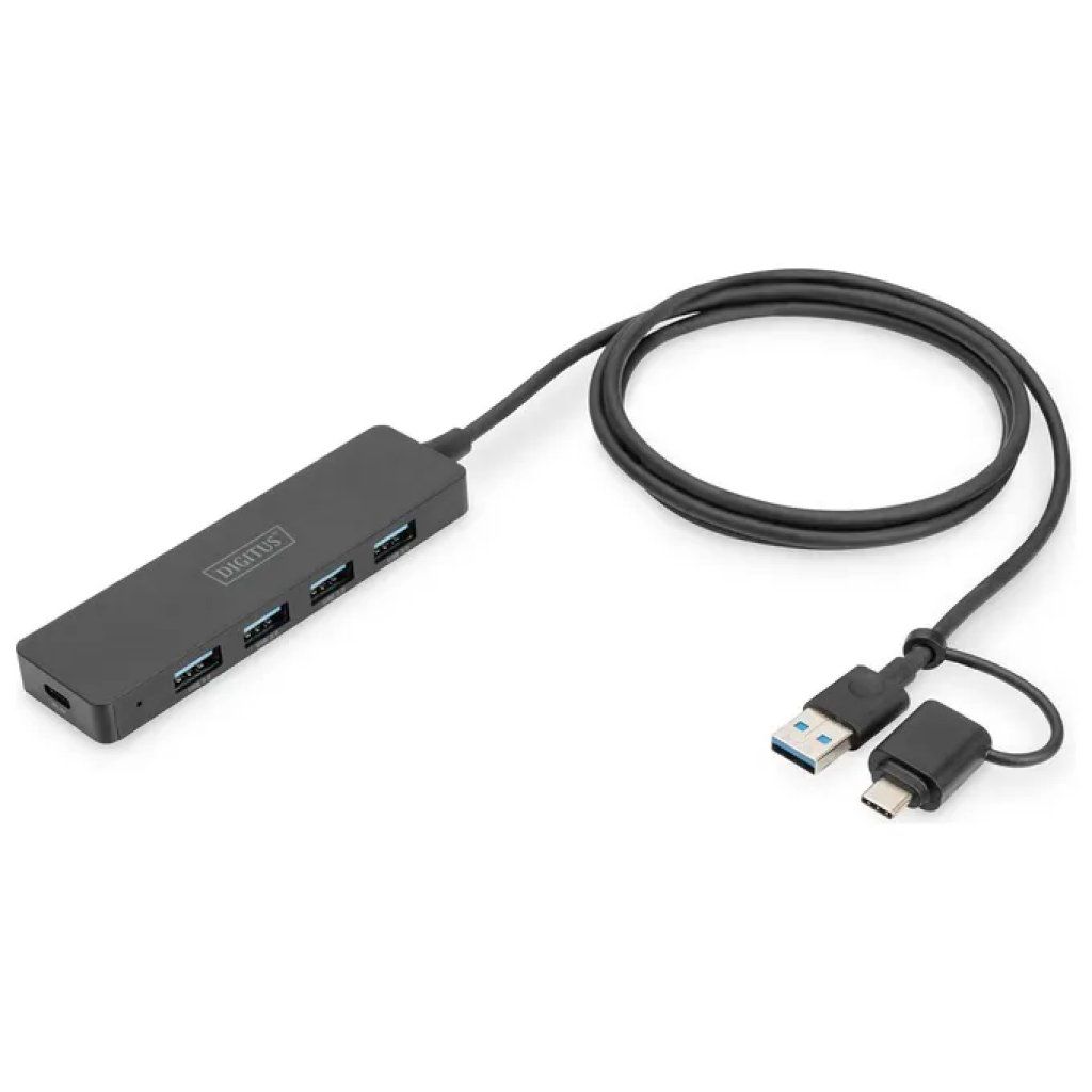 DIGITUS Hub USB 3.0 a 4 porte Slim Line con USB-A e adattatore USB-C DIGITUS Hub USB 3.0 a 4 porte Slim Line con USB-A e adattatore USB-C