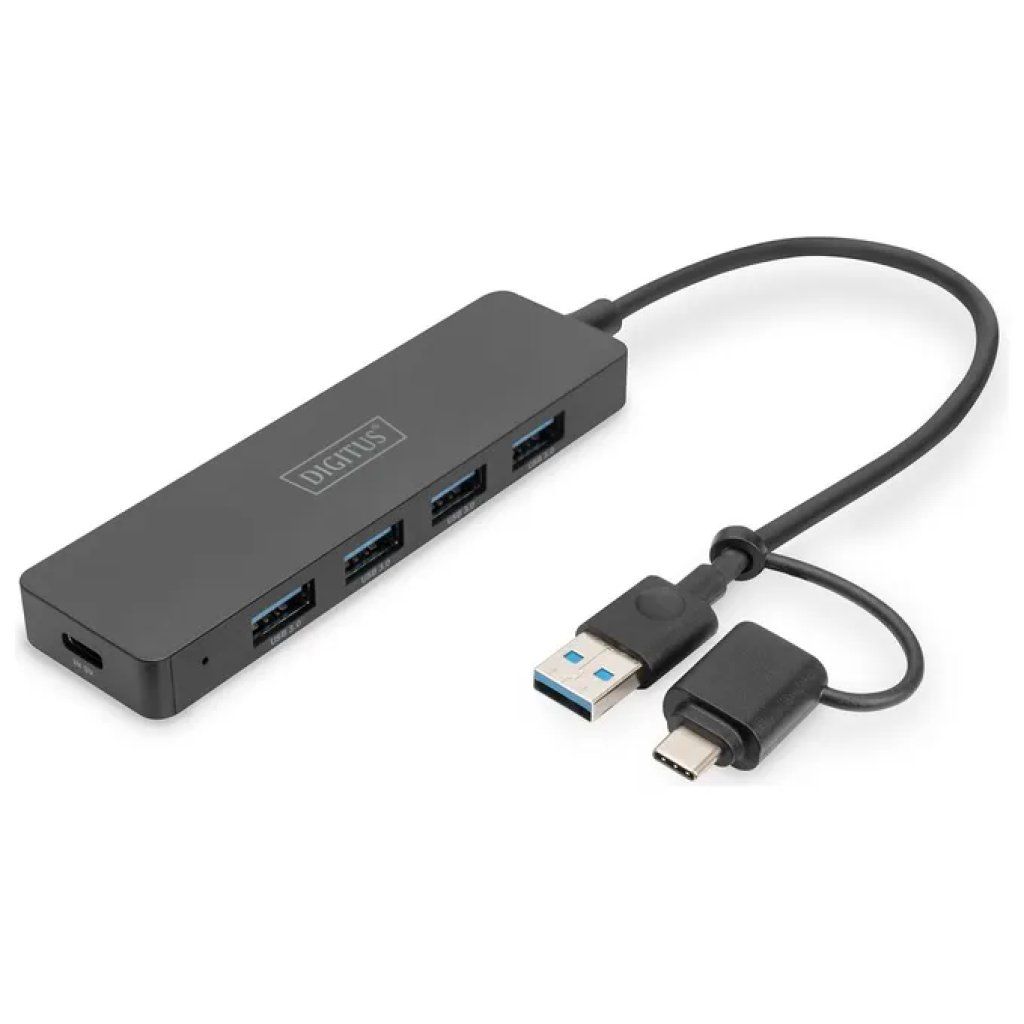 DIGITUS DA-70235 Hub USB 3.0 Slim Line a 4 porte, USB-A e USB-C, 5 Gbps, nero