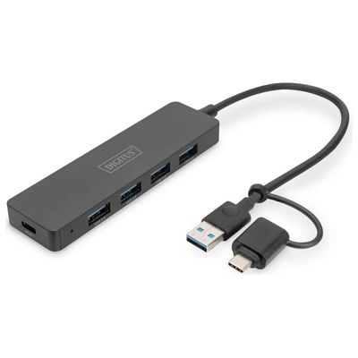 DIGITUS DA-70235 Hub USB 3.0 Slim Line a 4 porte, USB-A e USB-C, 5 Gbps, nero DIGITUS DA-70235 Hub USB 3.0 Slim Line a 4 porte, USB-A e USB-C, 5 Gbps, nero