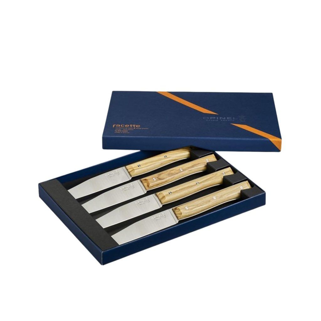 Opinel Facette – Set di 4 coltelli da tavola con manico in legno d’ulivo