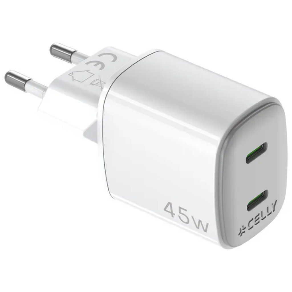 Celly Caricabatterie da Muro GaN 45W con 2 Porte USB-C, Bianco Celly Caricabatterie da Muro GaN 45W con 2 Porte USB-C, Bianco