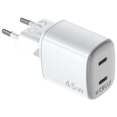 Celly Caricabatterie da Muro GaN 45W con 2 Porte USB-C, Bianco