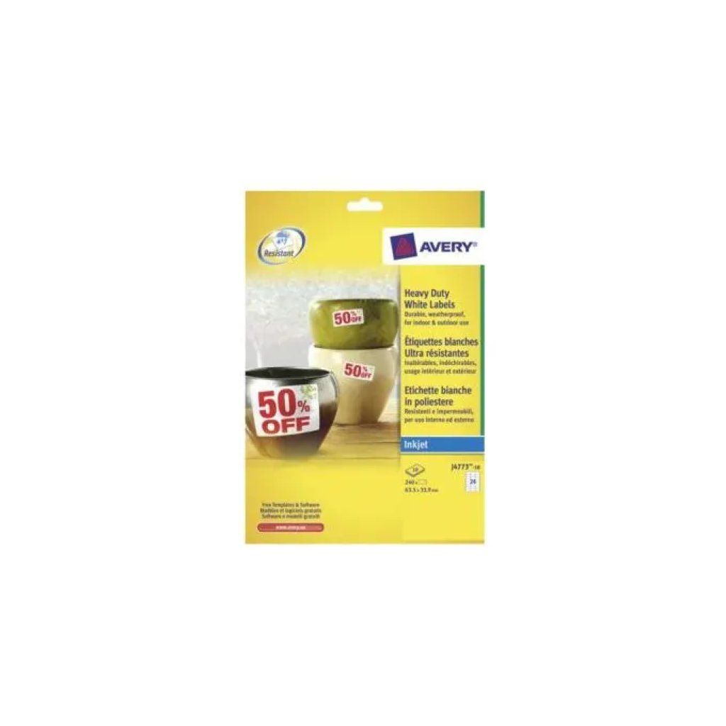 Avery J4773-10 Etichette in Poliestere Bianco Inkjet, 6,35 x 3,39 cm, 240 Pezzi