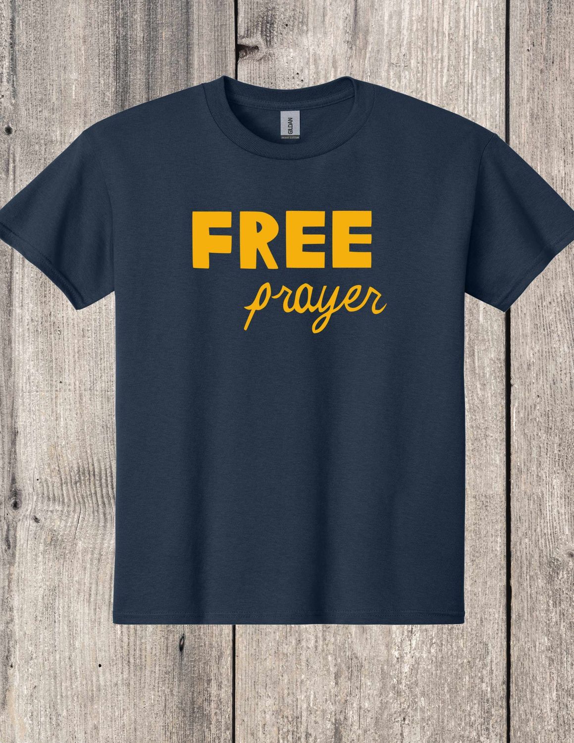 Blue w/ yellow text "Free Prayer" T-Shirt