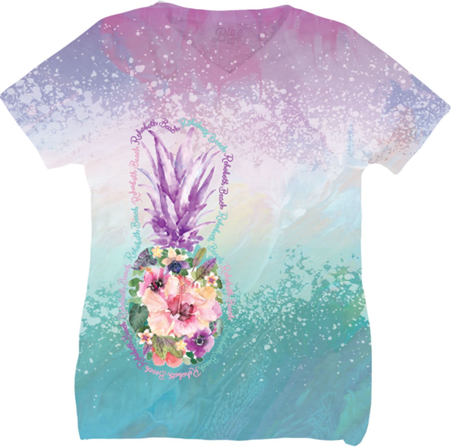 SUBLIMATION FLORAL PINEAPPLE VNECK SS TEE