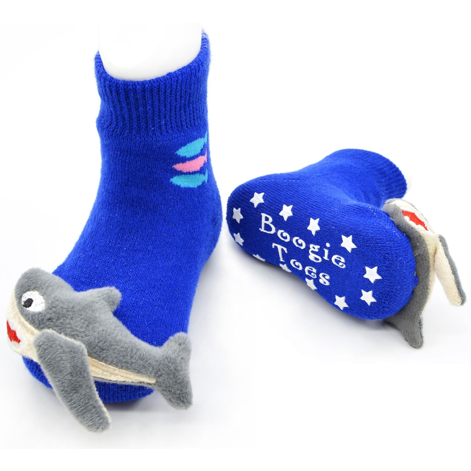 BOOGIE TOES BABY RATTLE SOCKS, Color: BLUE SHARK, Size: 0-12 MONTHS